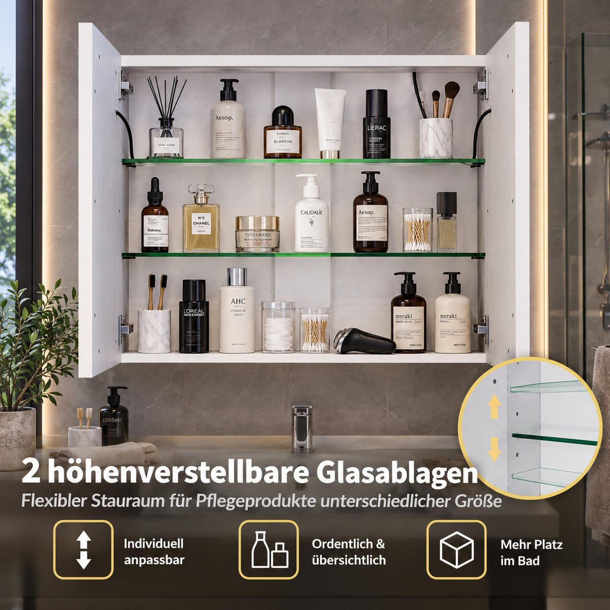 SPIEGELSCHRANK LED 80/60/13.5 cm mit Aufbewahrung, dimmbar, Touch-Schalter, moderner Badezimmer Spiegel mit Stauraum - Weiß, Glas (80/60/13.5cm) - Joyfair