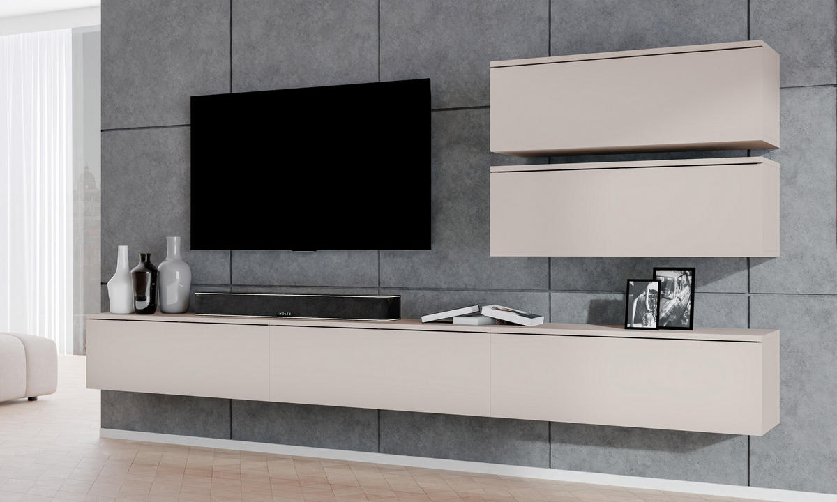 WOHNWAND Loriano V Beige, Kaschmir 300/102/32 cm Anbauwand - Beige, Holzwerkstoff/Kunststoff (300/102/32cm) - AX Living