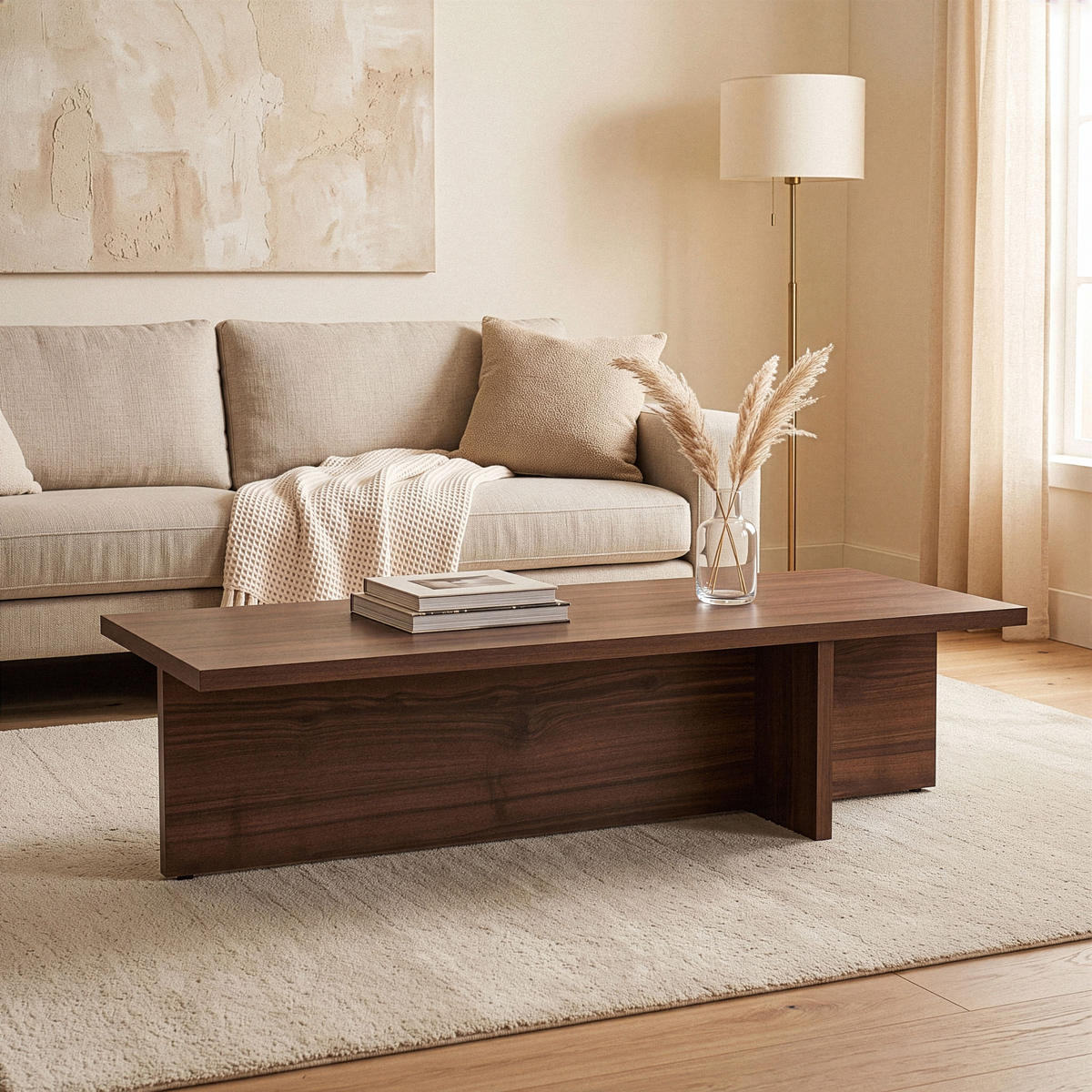 COUCHTISCH mit rechteckiger Platte und asymmetrischem Fuß L120 cm - HARBOR - Naturfarben, Holzwerkstoff (50/45/30cm) - Calicosy