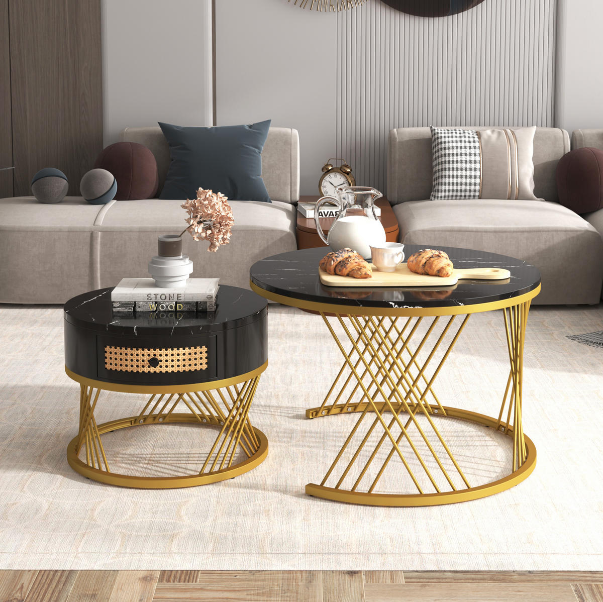 COUCHTISCH-SET aus MDF 70x70x45,5 cm Schwarz/Gold mit Schublade und Marmormuster - Schwarz, Holzwerkstoff (70/70/45.5cm) - IVMEU