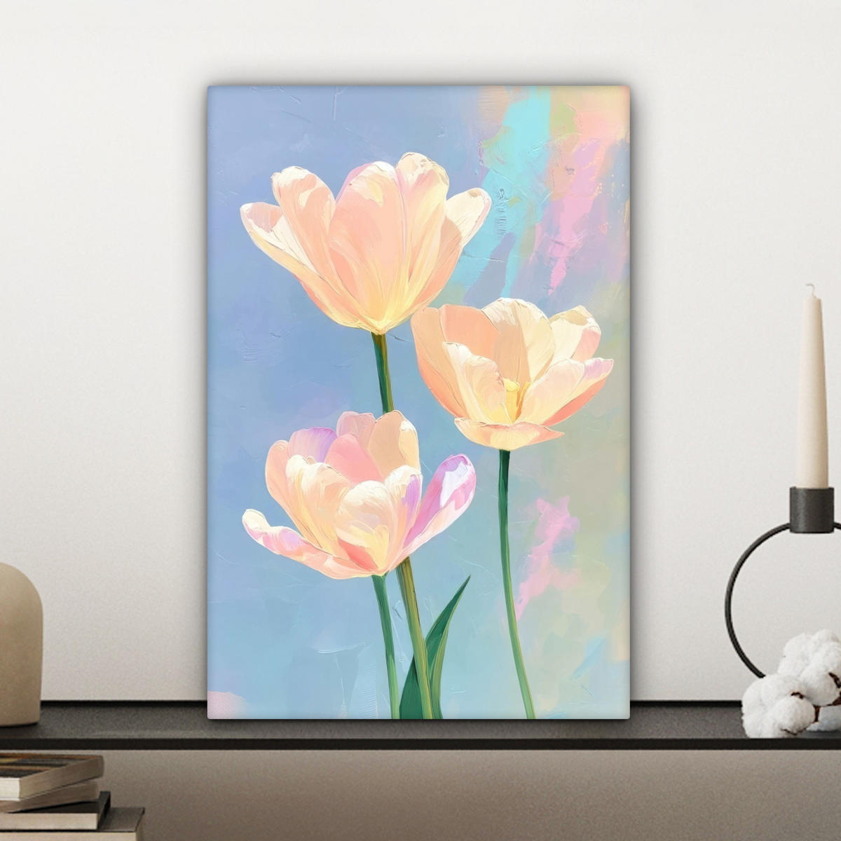 LEINWANDBILD Tulpen - Rosa Akzente - Blau Deko Wohnzimmer 20x30 cm - Pastellblau, Textil (20/30cm) - MuchoWow