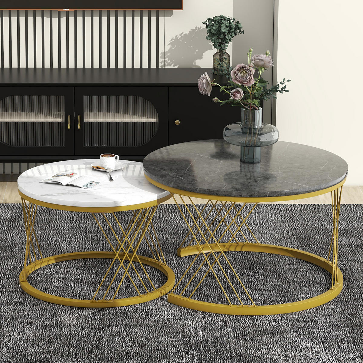 COUCHTISCH Set 70/70/45 cm und 45/45/40 cm Grau mit Hochglanz Marmormuster und Goldrahmen - Grau, Holzwerkstoff (70/70/45cm) - OKWISH