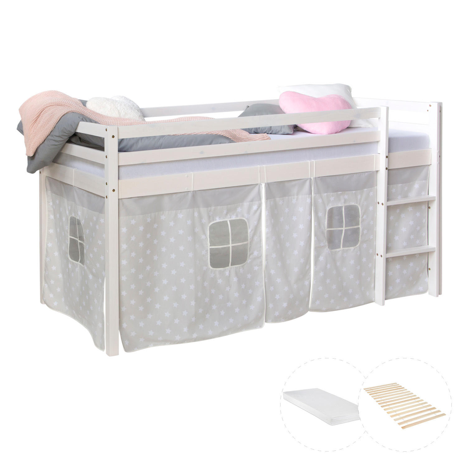 HOCHBETT 90/200 cm mit Lattenrost und Matratze Sterne - Weiß, Holz - Homestyle4u