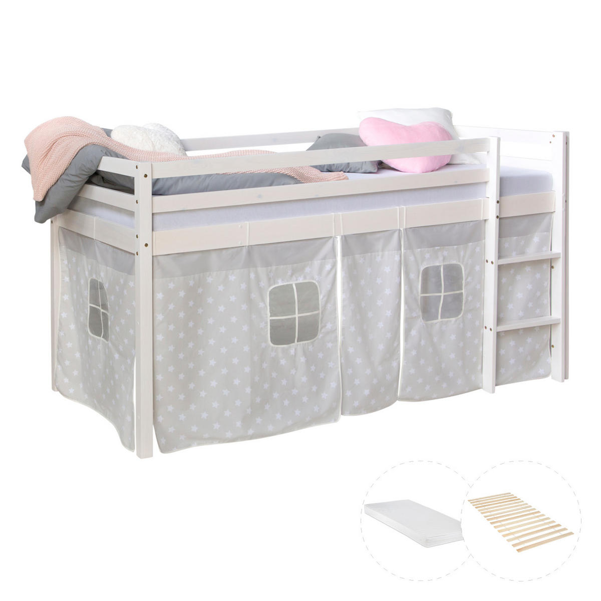 HOCHBETT 90/200 cm mit Lattenrost und Matratze Sterne - Weiß, Holz - Homestyle4u
