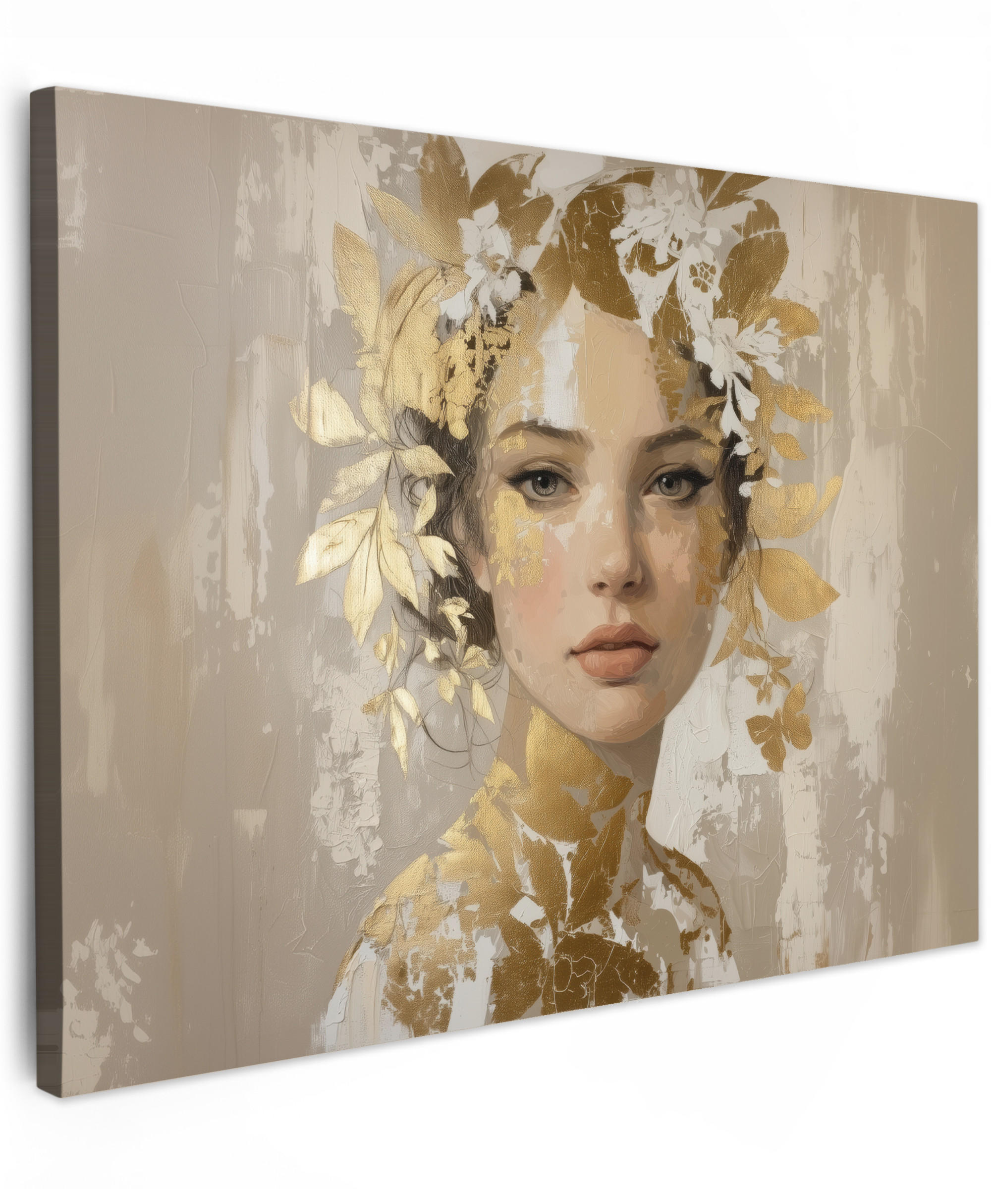 LEINWANDBILD Gesicht - Frau - Blätter - Gold Wandbilder 80x60 cm - Beige, Textil (80/60cm) - MuchoWow