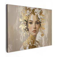 LEINWANDBILD Gesicht - Frau - Blätter - Gold Wandbilder 80x60 cm - Beige, Textil (80/60cm) - MuchoWow