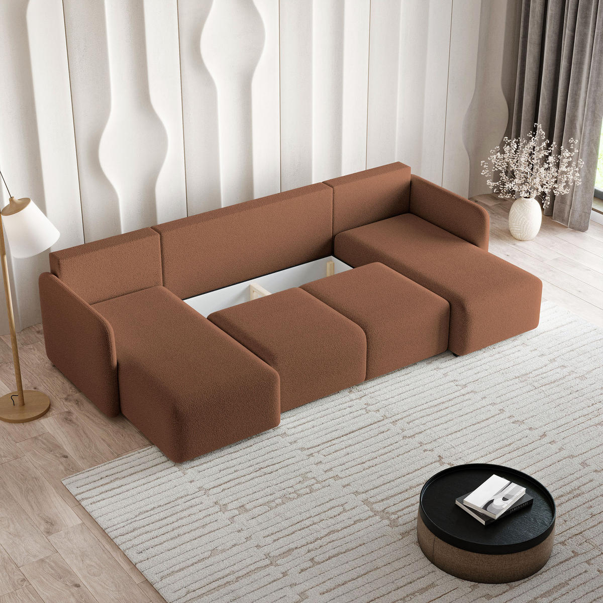 WOHNLANDSCHAFT NUBERO Kupferfarben Boucle-Stoff mit Schlaffunktion - Kupferfarben, Holz (285/85/143cm) - MASSENO