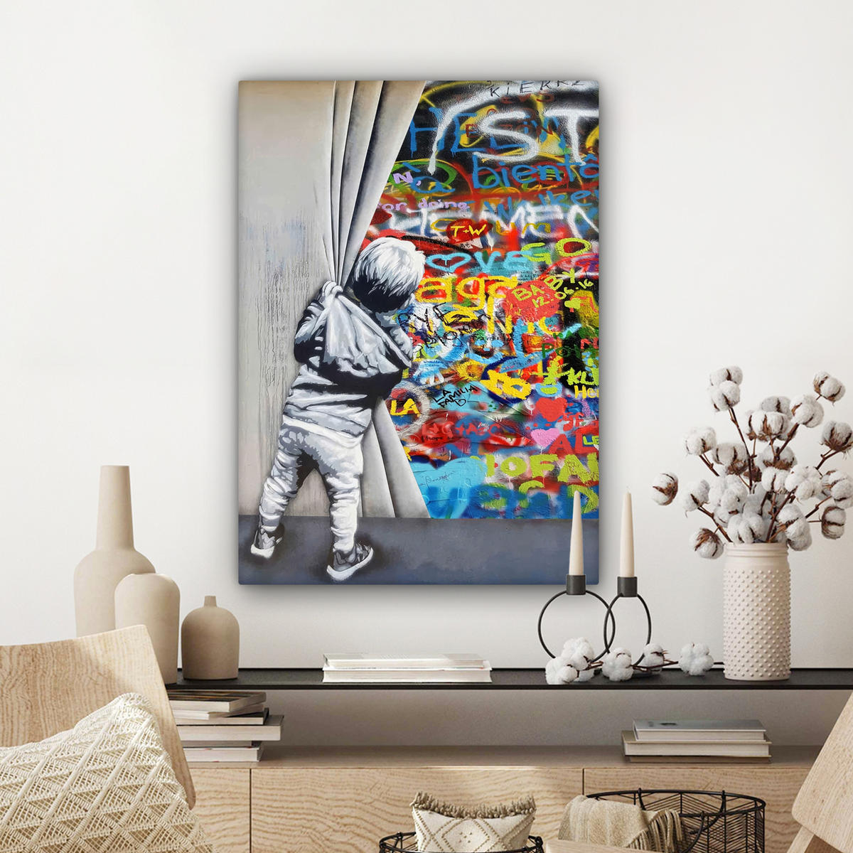 LEINWANDBILD Graffiti - Junge - Ilussie - Straßenkunst Wandbild Wohnzimmer 60x80 cm - Hellgrau, Textil (60/80cm) - MuchoWow