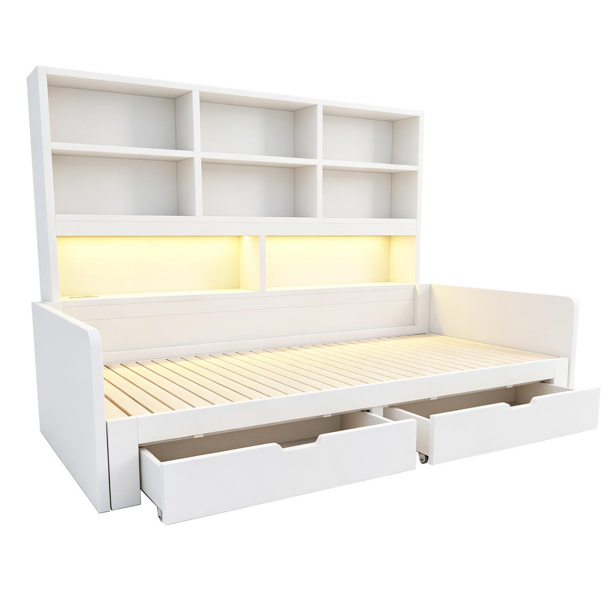 AUSZIEHBETT 90/180/200 cm mit Stauraum und LED, DE-41639, in Weiß - Weiß, Holzwerkstoff (90/200cm) - ComfortXL