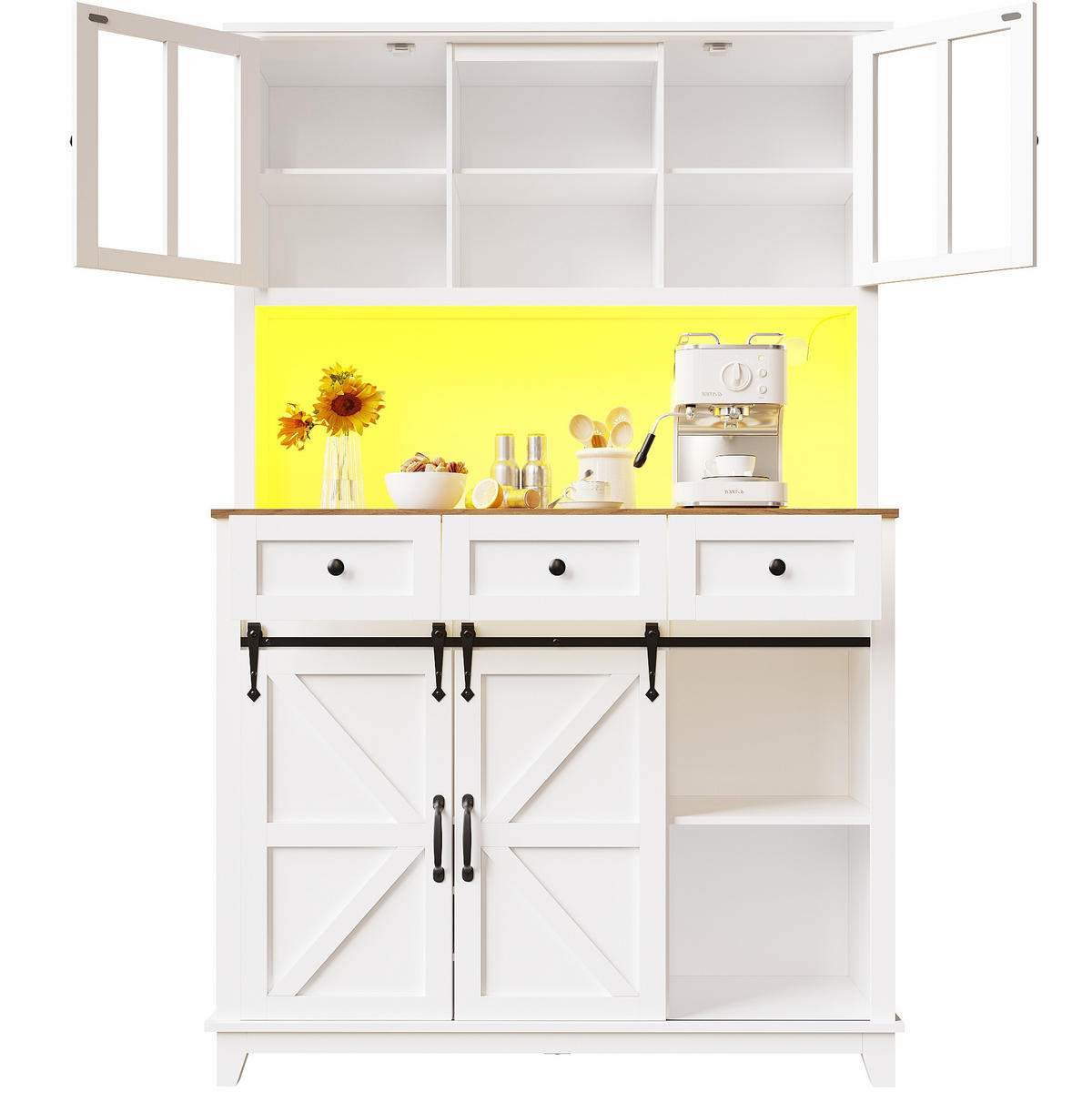 BUFFET 105/38,4/180 cm in Weiß mit LED-Beleuchtung und Glastüren - Weiß, Holzwerkstoff (105/180/38.4cm) - Flora Grace