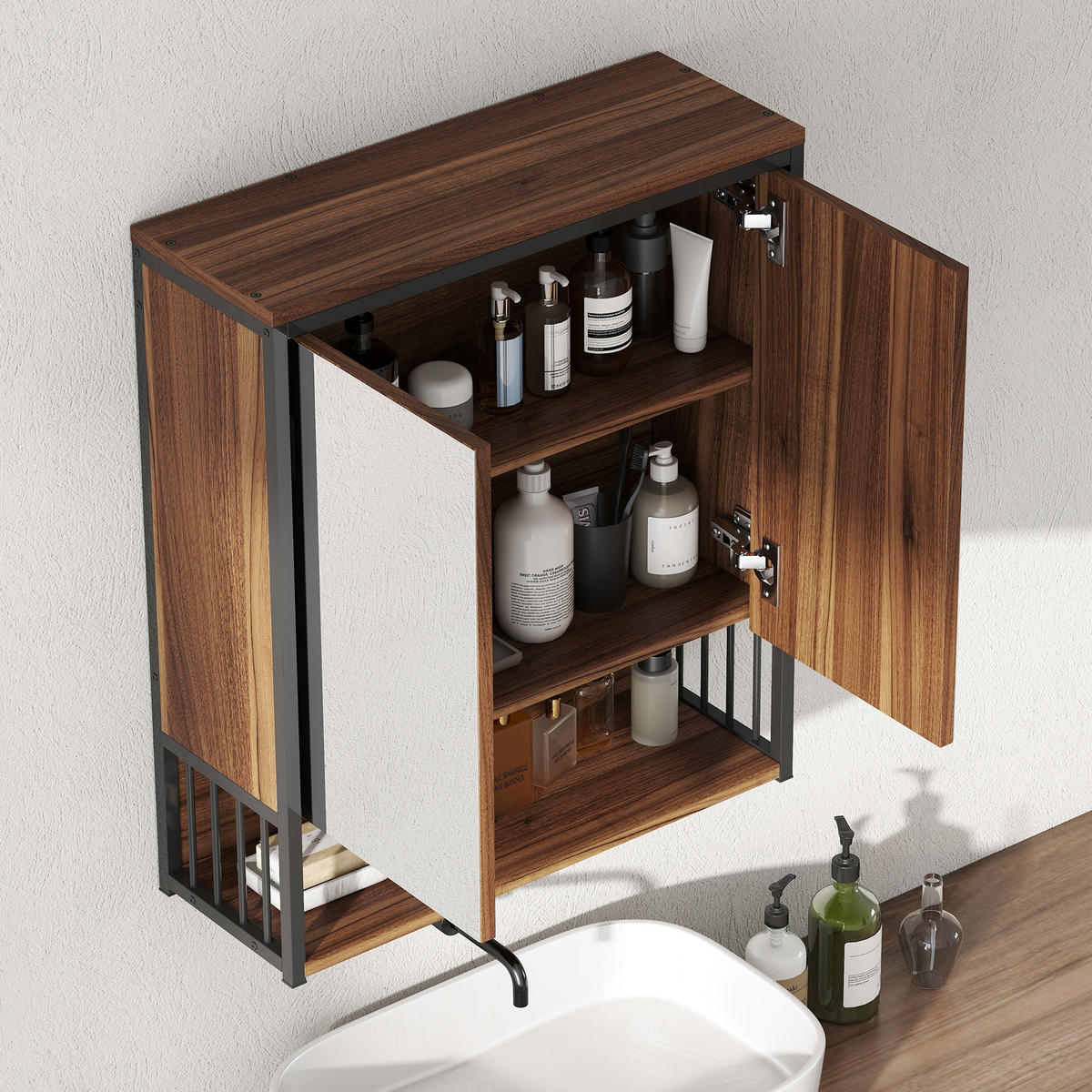 SPIEGELSCHRANK Bad, Badezimmerschrank mit sanft schließender Tür, Fächern, Braun - Braun, Holzwerkstoff (20/65/56cm) - HOMCOM