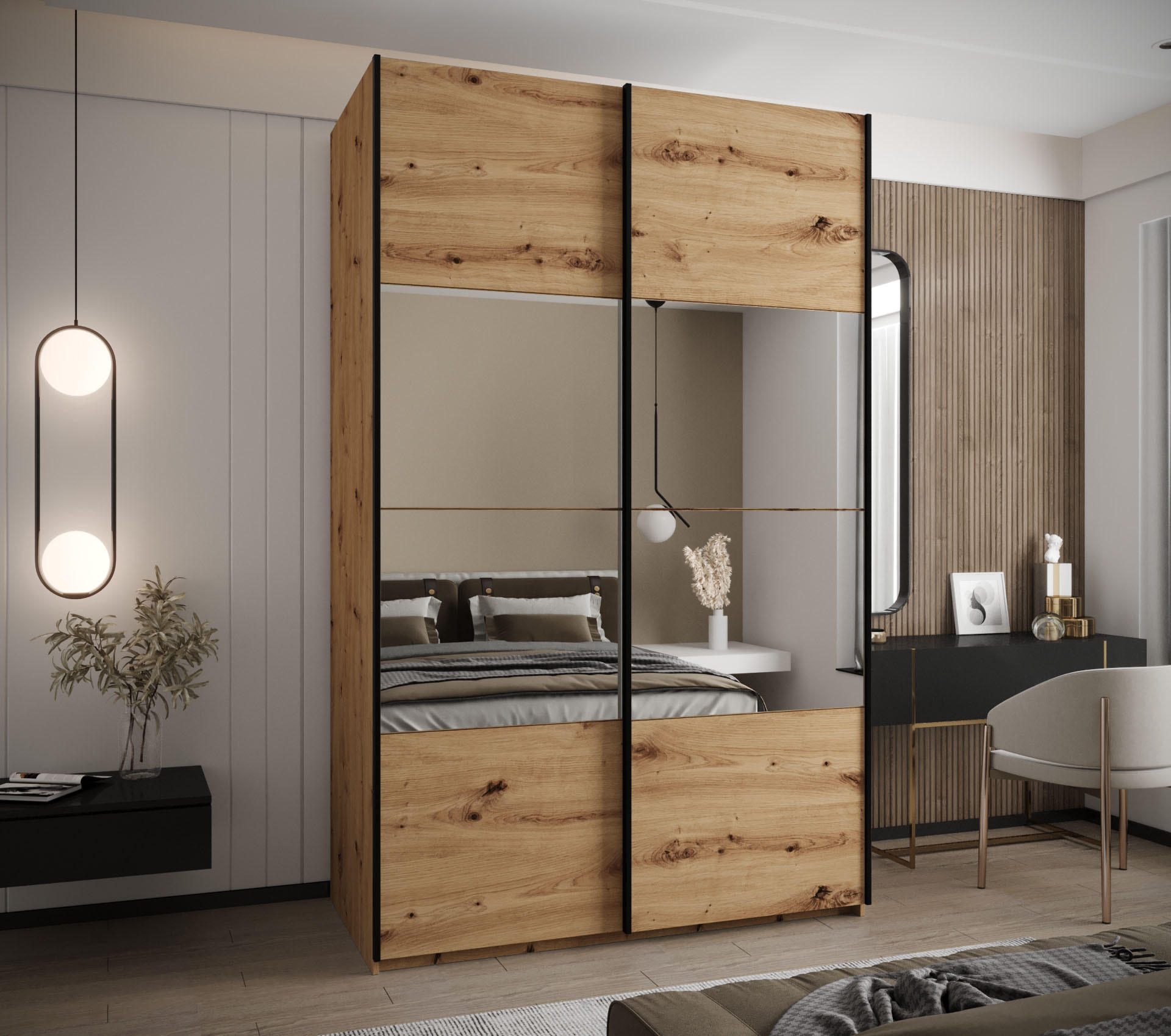 SCHWEBETÜRENSCHRANK 245,5/160/64 2-türig - Schwarz/Eiche Artisan, Holz/Metall (160/245/64cm) - Abiks Möbel