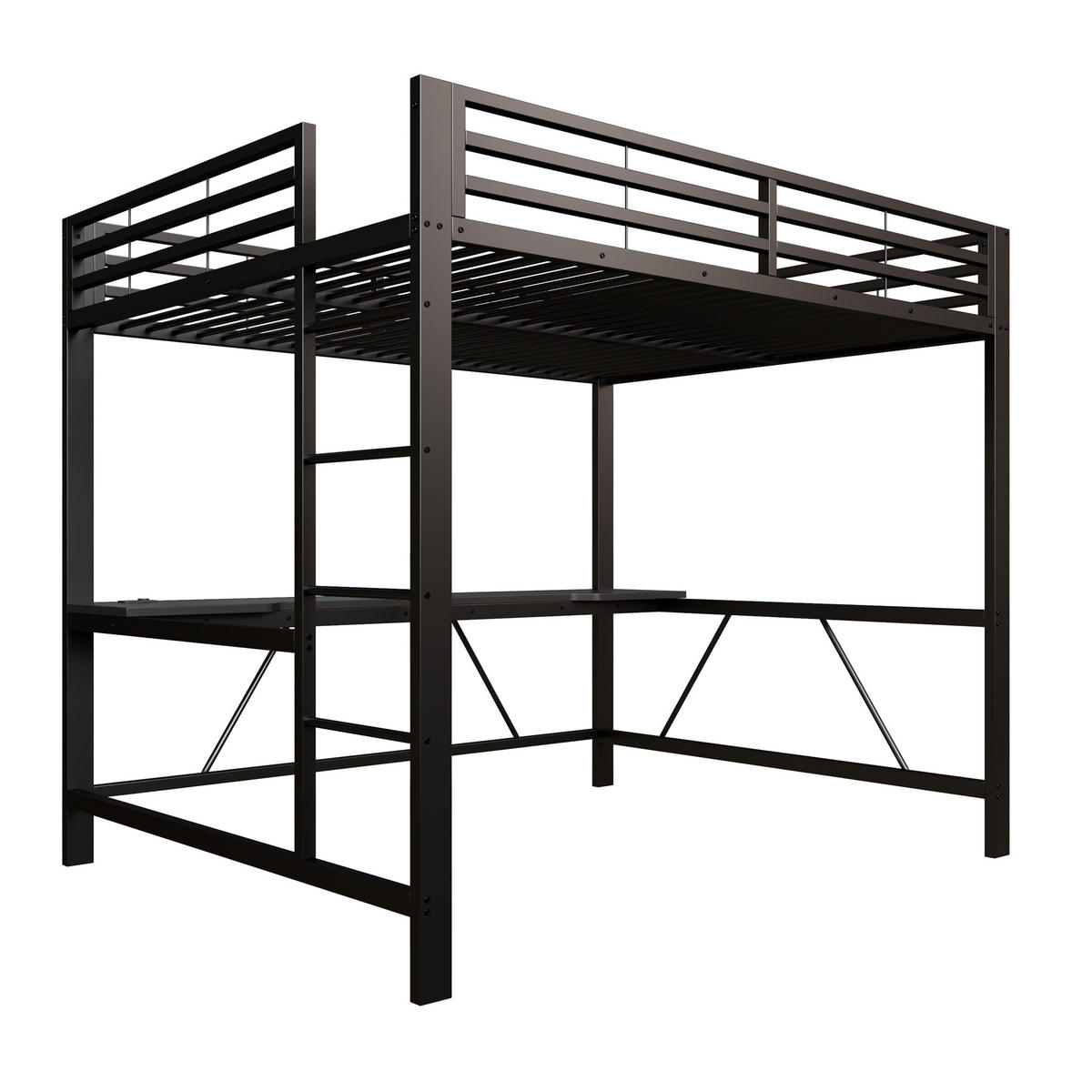HOCHBETT 160/200 cm in Schwarz mit Schreibtisch, LED und USB Metall - Schwarz, Metall (160/200cm) - CHICFURN