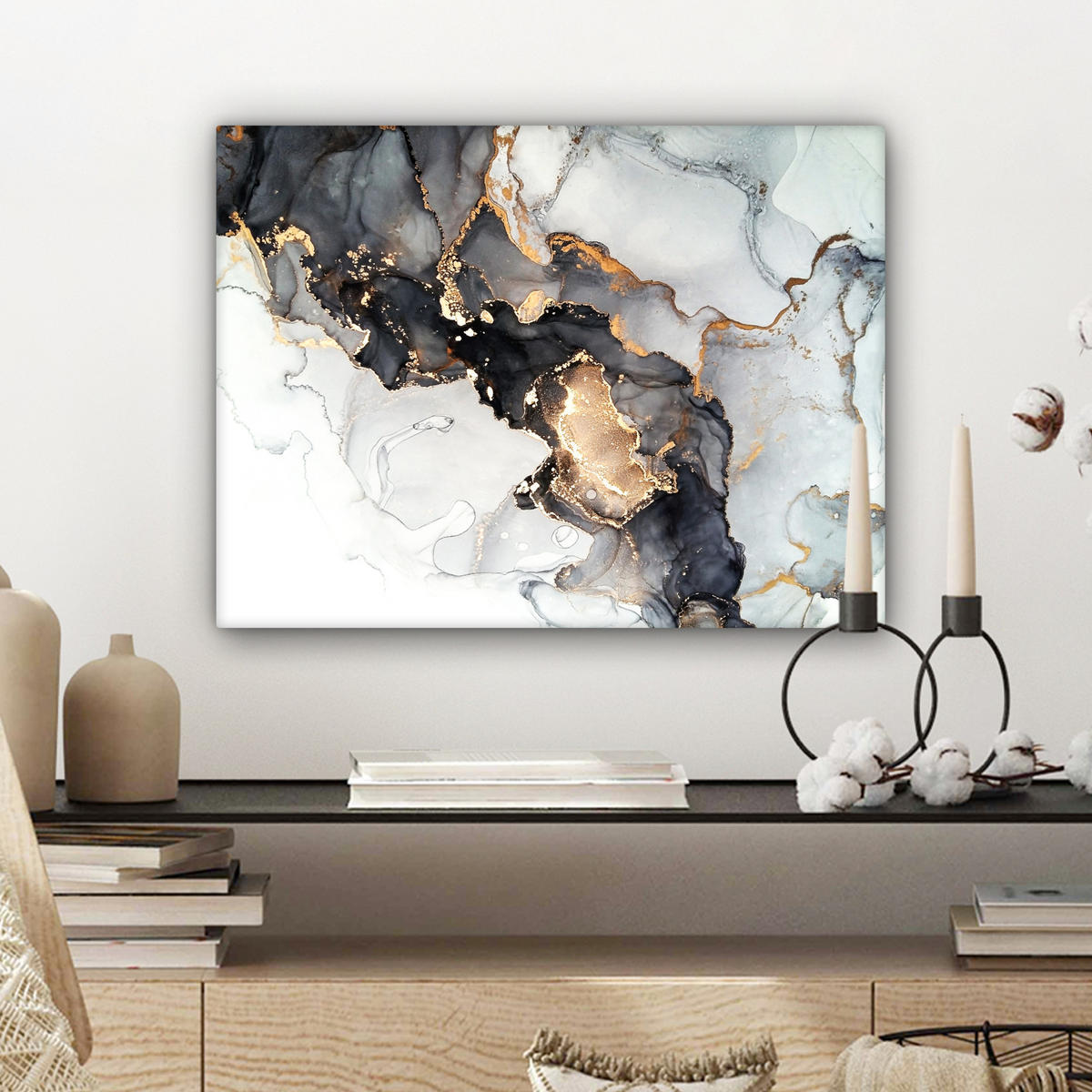 LEINWANDBILD Marmor - Schwarz - Weiß - Gold - Luxus - Abstrakt 40x30 cm - Goldfarben, Textil (40/30cm) - MuchoWow