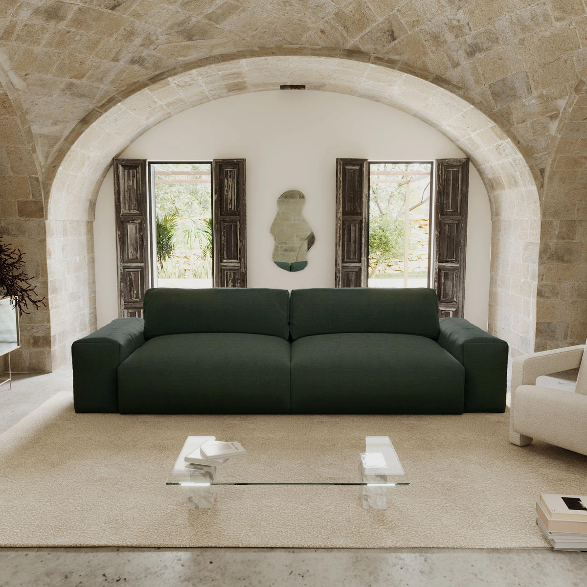SOFA 3-SITZER Rastergewebe mit weichem Griff Khakigrün 220cm - Grün, Textil (220/47/120cm) - Sia Home