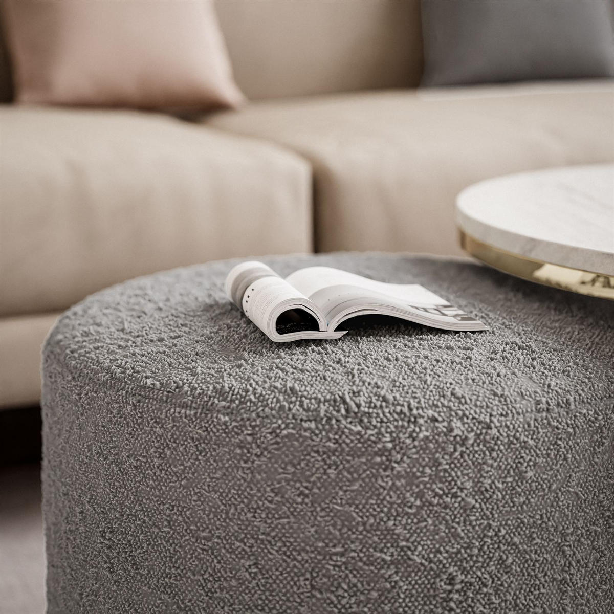 COUCHTISCH CIRI-X mit Hocker Gold Chrom|Schwarz Hochglanz|Ascot taupe - Schwarz Hochglanz/Goldfarben, Holzwerkstoff/Textil (70/70/46cm) - Lookway