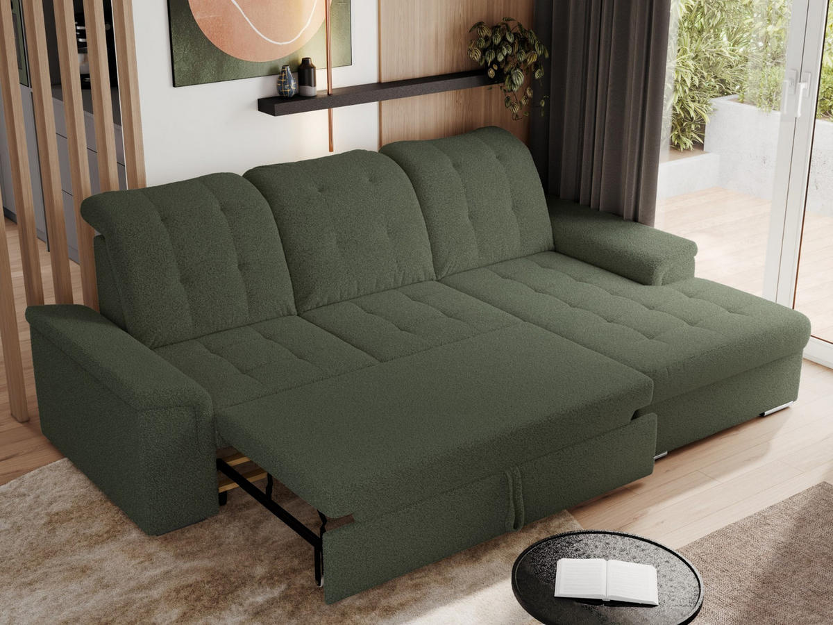 ECKSOFA MADRITO L - Grün Boucle - Rechts - Silberfarben/Grün, Textil/Metall (256/160cm)