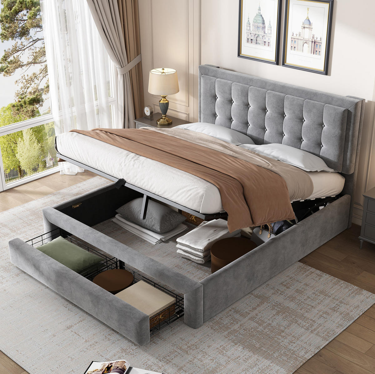 POLSTERBETT 140/200 cm mit verstellbarem Kopfteil, Bettkasten und Schubladen, Samt, Grau - Grau, Textil (140/200cm) - Redom