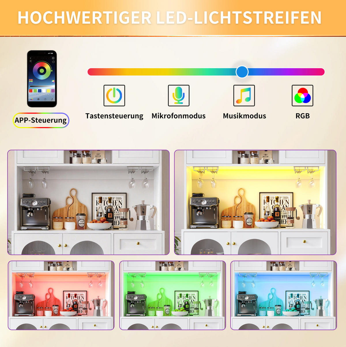 BUFFETSCHRANK 120/40/188 cm aus MDF mit LED-Lichtleiste, Fluted-Glas und viel Stauraum, Weiß - Weiß, Holzwerkstoff (120/188/40cm) - Redom
