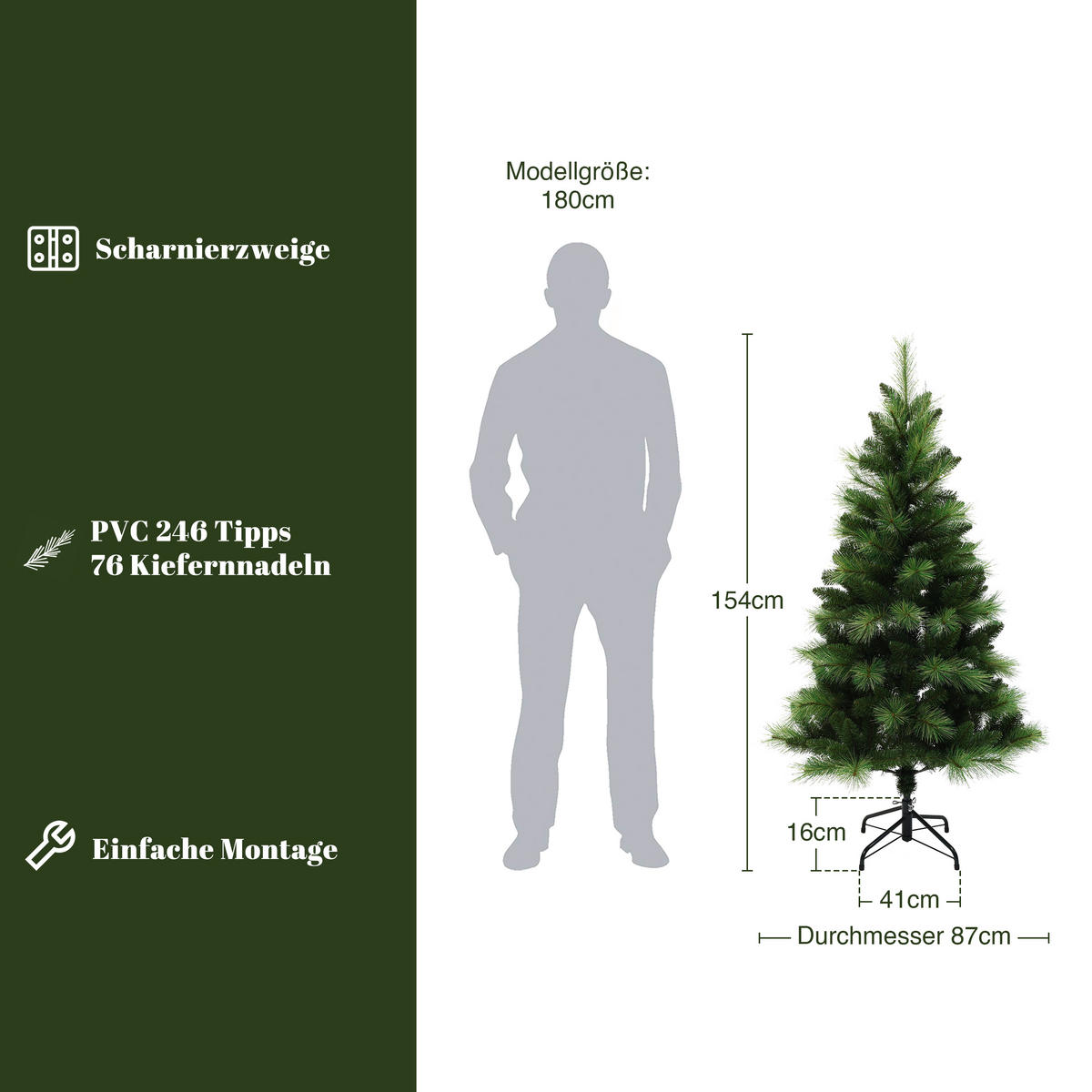 KÜNSTLICHER Weihnachtsbaum 154 cm, Kiefernoptik mit langen Nadeln - Grün, Kunststoff (154cm) - Hometopia