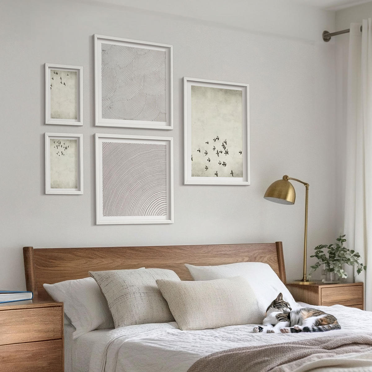 WANDBILDER 5er-Set - 50x50 cm & 20x30 cm & 40x60 cm Weißer Rahmen - Minimalistische Vogelmalerei - Weiß, Kunststoff (40/60cm) - ArtPrintCave