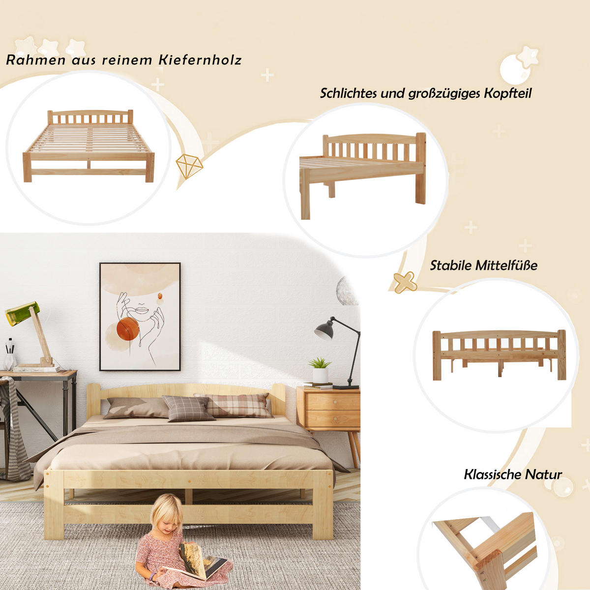 BETT 140x200 cm Holz Natur - Naturfarben, Holz (140/200cm) - Fortuna Lai