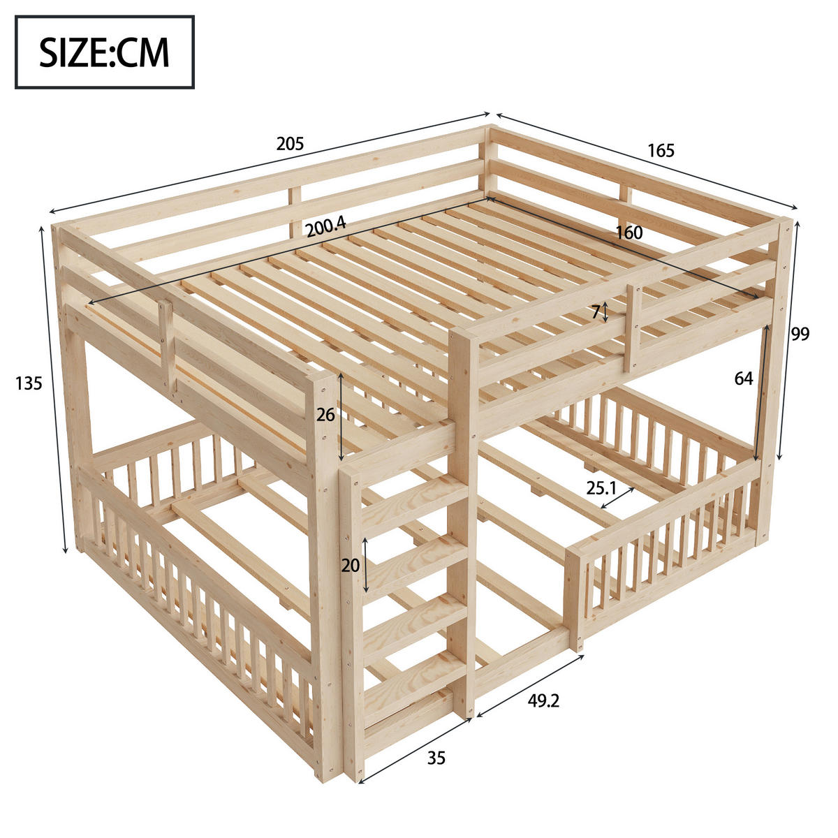 ETAGENBETT 160/200 cm in Natural mit Schutzgittern und hoher Belastbarkeit aus MDF und Kiefer - Naturfarben, Holzwerkstoff - STILVORA