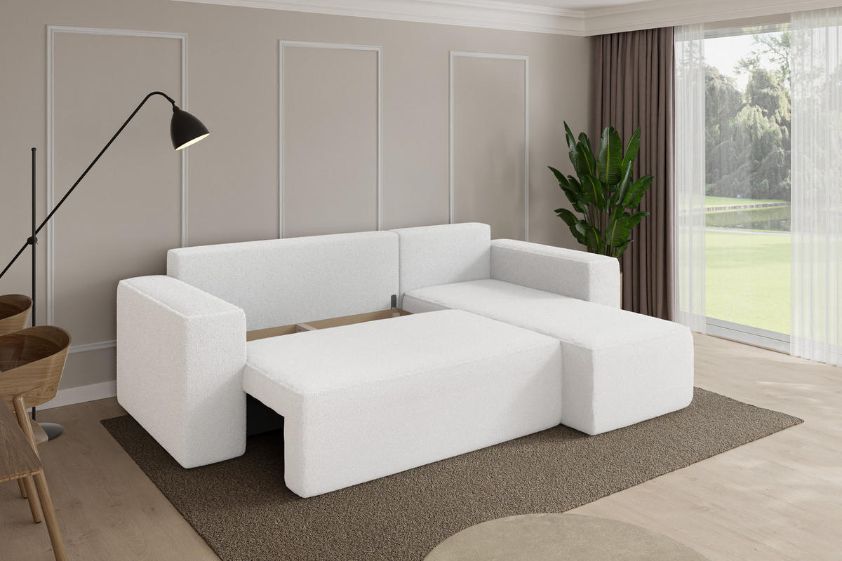 ROHOVÁ SEDAČKA s funkcí spaní, otoman vpravo SENO-L 249x139x85 bílá bouclé - bílá/černá, kompozitní dřevo/textil (249/139cm) - ALTDECOR