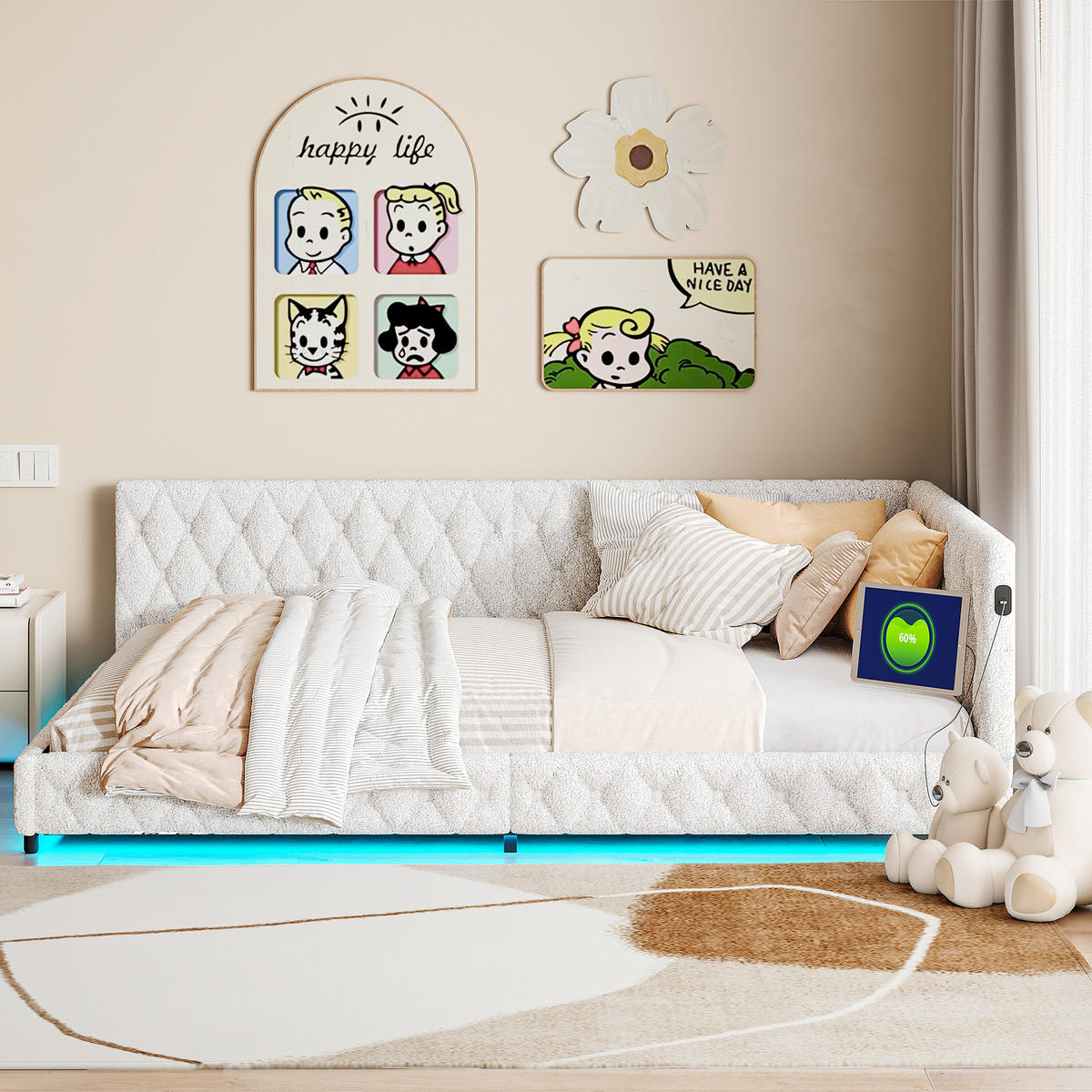 TAGESBETT Polsterbett 140x200 cm, Beige, LED-Beleuchtung und USB-Anschluss - Beige, Textil/Metall (140/200cm)