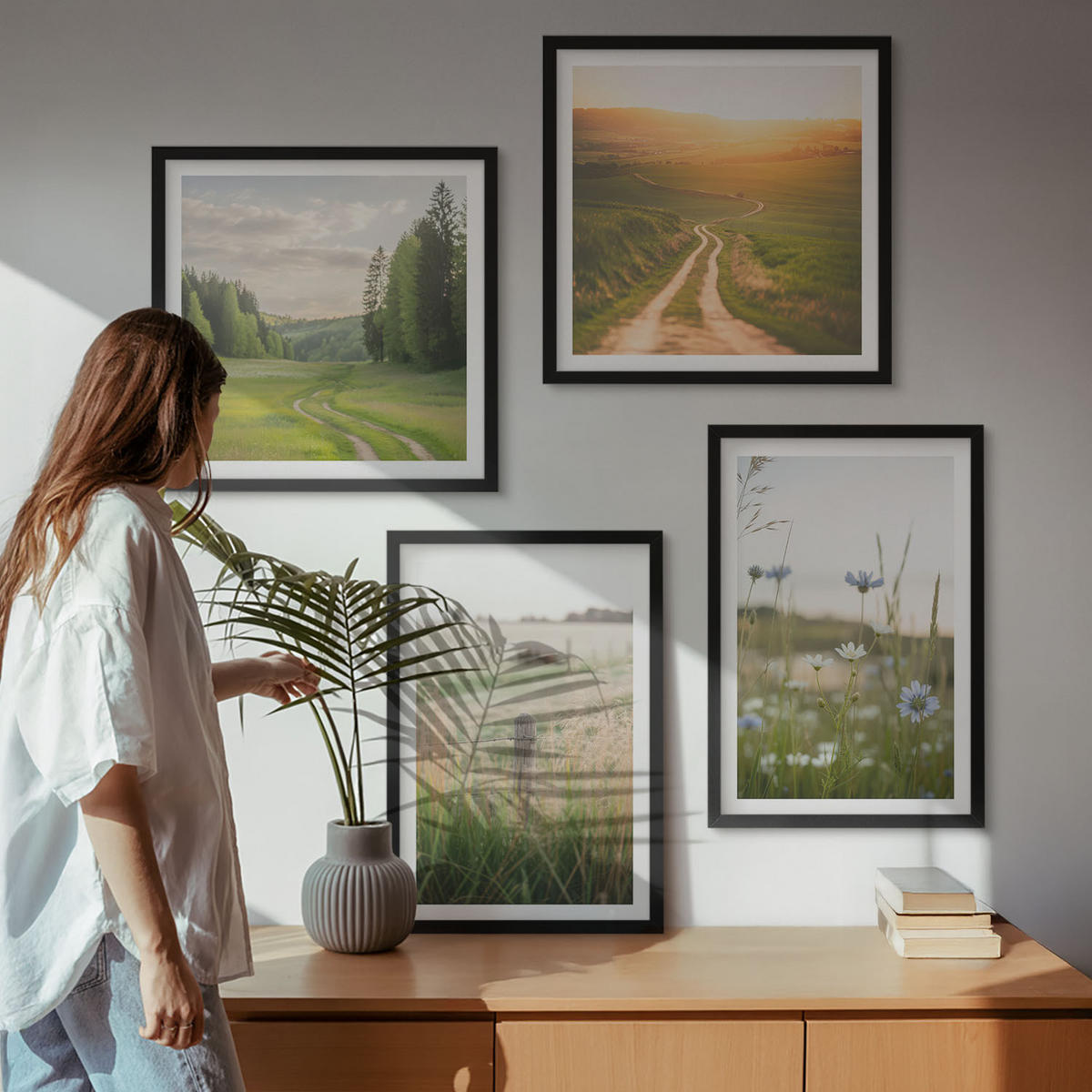 BILDER SET 4er Set - 50x50 cm & 40x60 cm Schwarzer Rahmen - Landschaften Natur Felder Sonne - Schwarz, Kunststoff (50/50cm) - TULUP