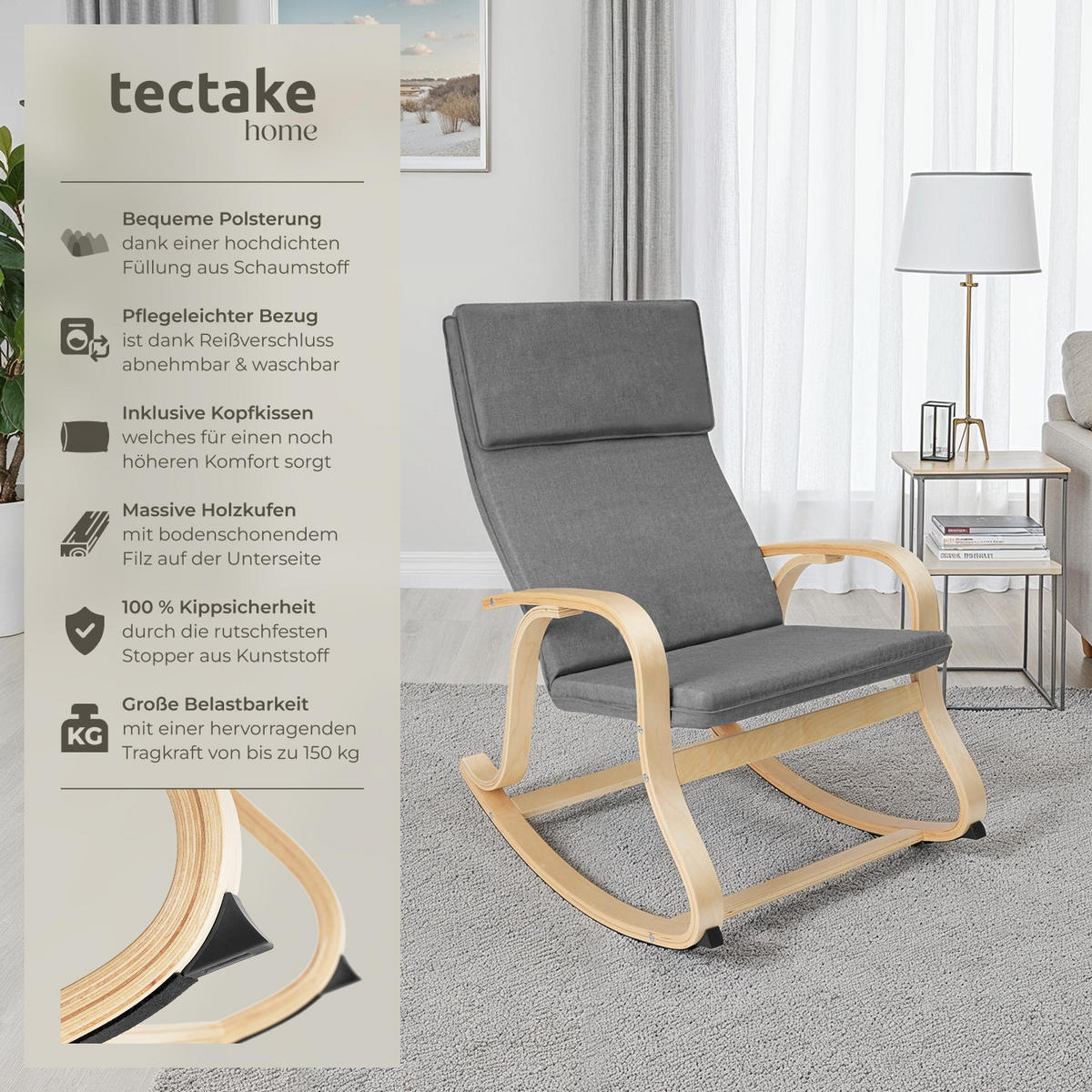 SCHAUKELSTUHL Roca,65 x 94 x 100 cm,hellgrau - Hellgrau, Holz (65/100/94cm) - tectake