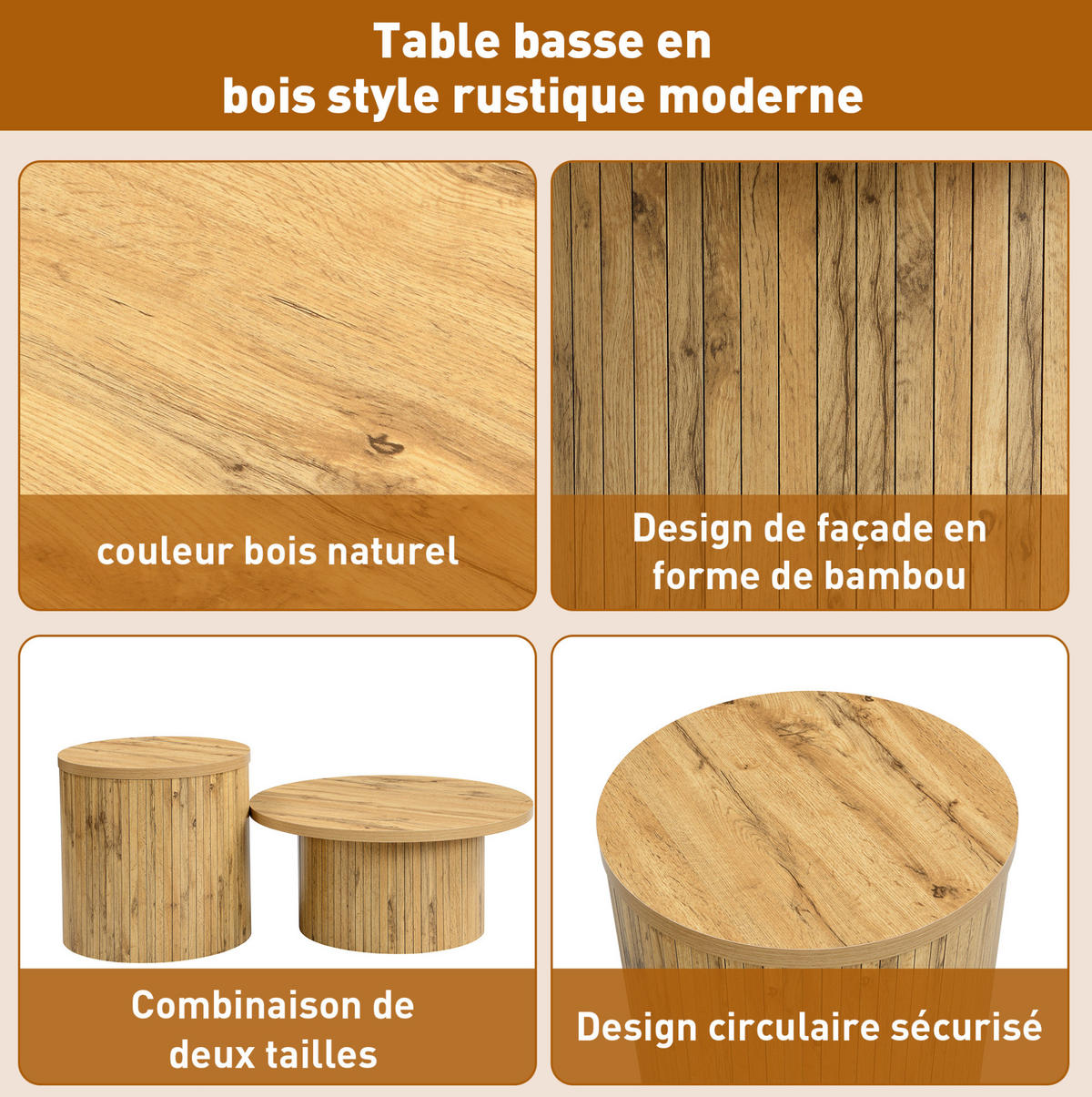 COUCHTISCH 75/75/36+50/50/50.5 cm natur aus MDF mit abgerundeten Ecken - Naturfarben, Holzwerkstoff (75/75/36cm) - OKMYHOME