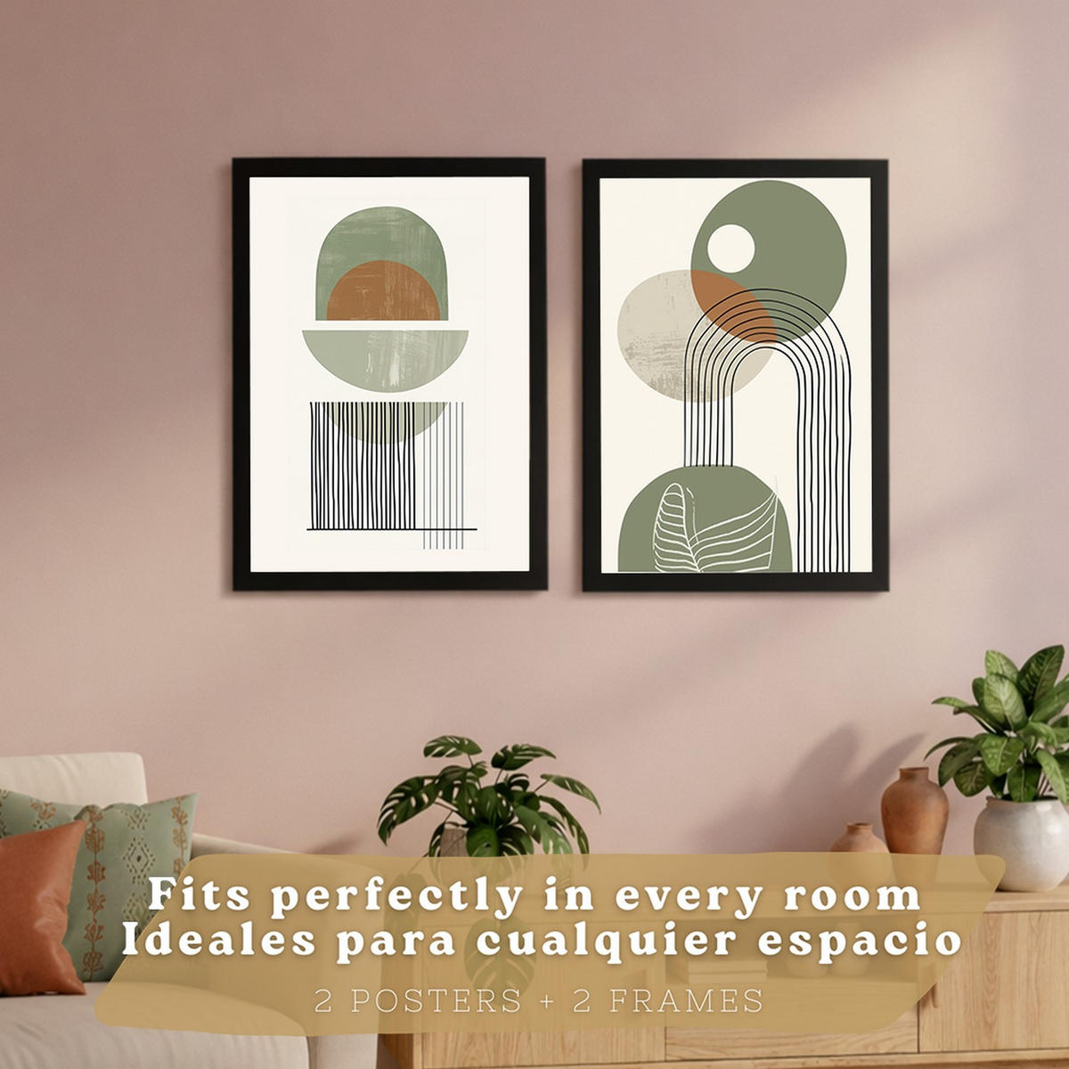PLAKAT Sada 2 Zelené tvary A3 Černý rám - černá, papír (29.7/1/42cm) - Nacnic