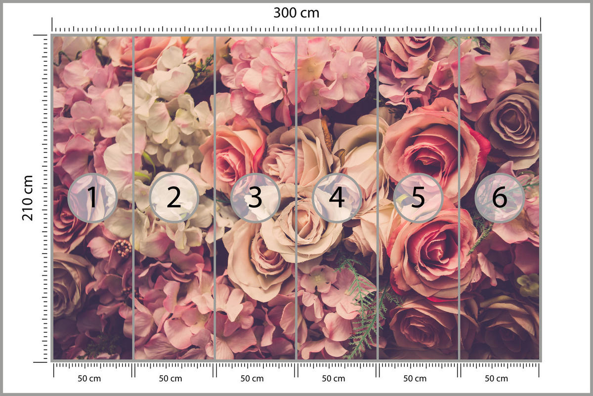 FOTOTAPETE für Schlafzimmer Pinke Rosen Boho Blumen 300x210 - Beige/Violett, Papier (300/210cm) - Muralo