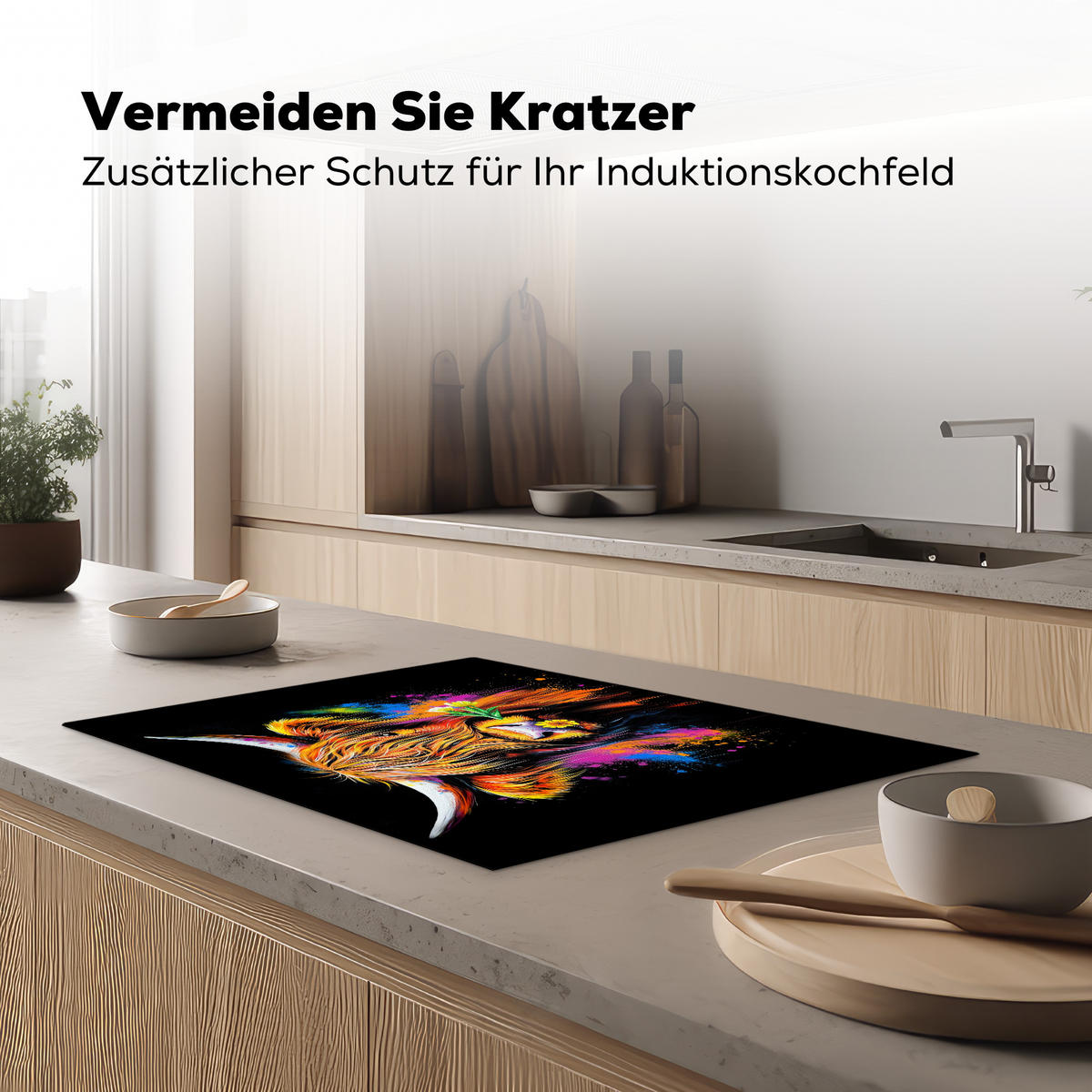 HERDABDECKPLATTE Schottischer Highlander - Graffiti - Bunt - Blume - Tiere Herdabdeckung Induktionsfeld 75x52 cm - Multicolor, Kunststoff (75/52/0.2cm) - MuchoWow