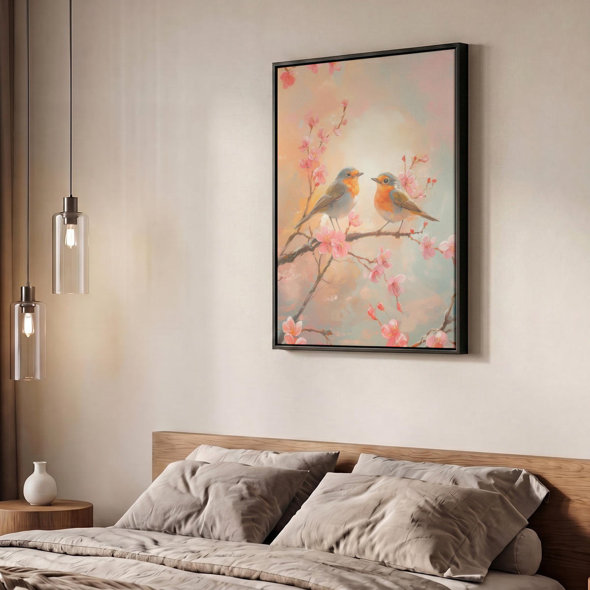 LEINWAND Bilder mit Rahmen - Rotkehlchen - Zierpflanze - Blütenzweig - 60x80 - Hellrosa, Textil (60/80cm) - MuchoWow