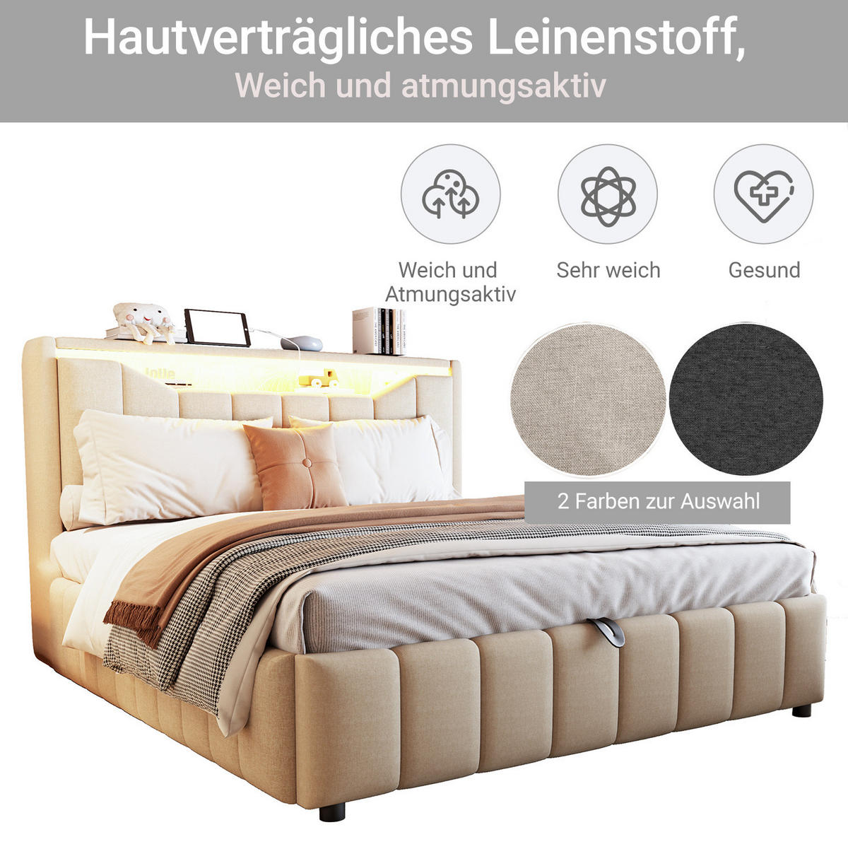 POLSTERBETT 140x200 cm in Beige mit hydraulischem Stauraum, LED und USB-/USB-C-Anschlüssen - Beige, Textil (140/200cm) - IVMEU