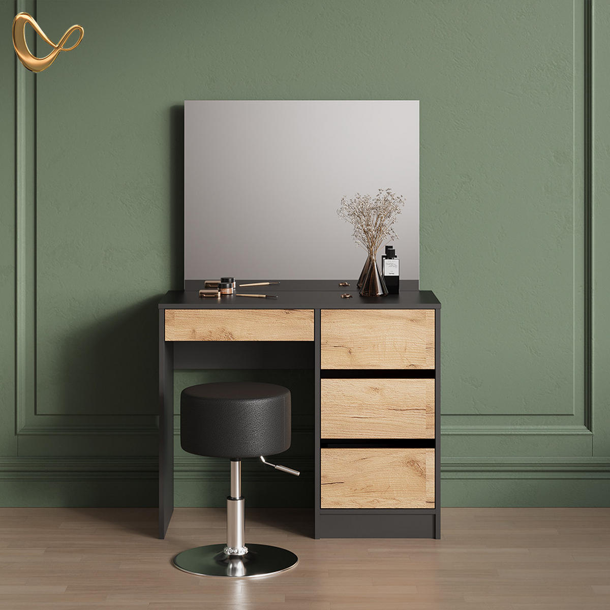 SCHMINKTISCH Imola Anthrazit/Goldkraft Eiche 120 cm mit Hocker - Anthrazit/Eiche Wotan, Holzwerkstoff (120/75/55cm) - Livinity®