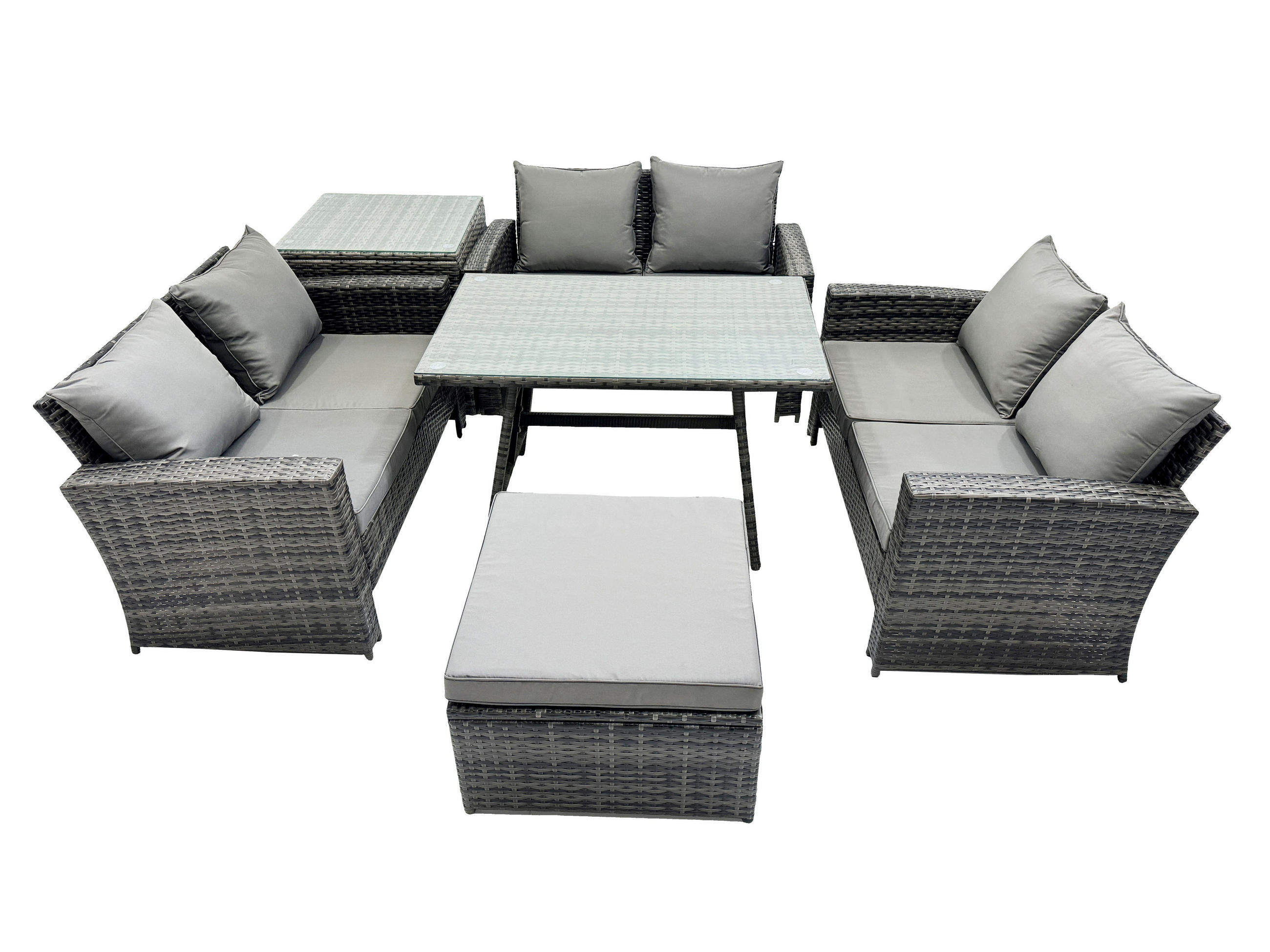 GARTENMÖBELSET mit ESSTISCH,HOCHLEHNER-SOFA Polyrattan Dunkelgrauer Mix 7-Sitzer - Dunkelgrau/Grau, Glas/Kunststoff - Fimous