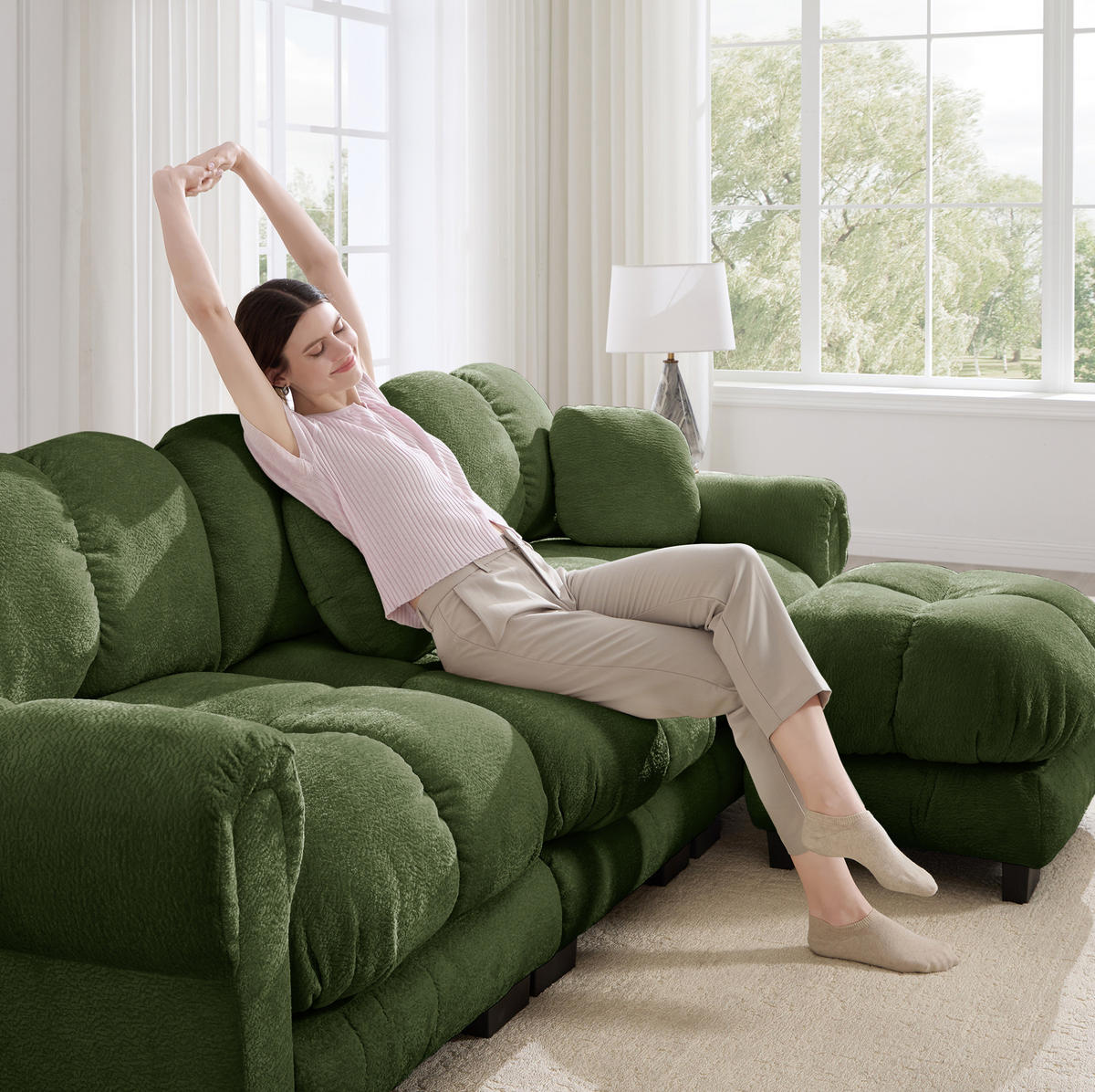 SOFA in U-Form mit 2 mobilen Hockern Chenille Grün - Grün, Holz (149/90/330.1cm) - Meubliv