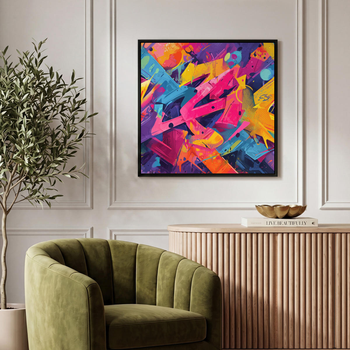 LEINWAND Bilder mit Rahmen - Abstrakt - Formen - Farbenfroh - 50x50 - Magenta, Textil (50/50cm) - MuchoWow