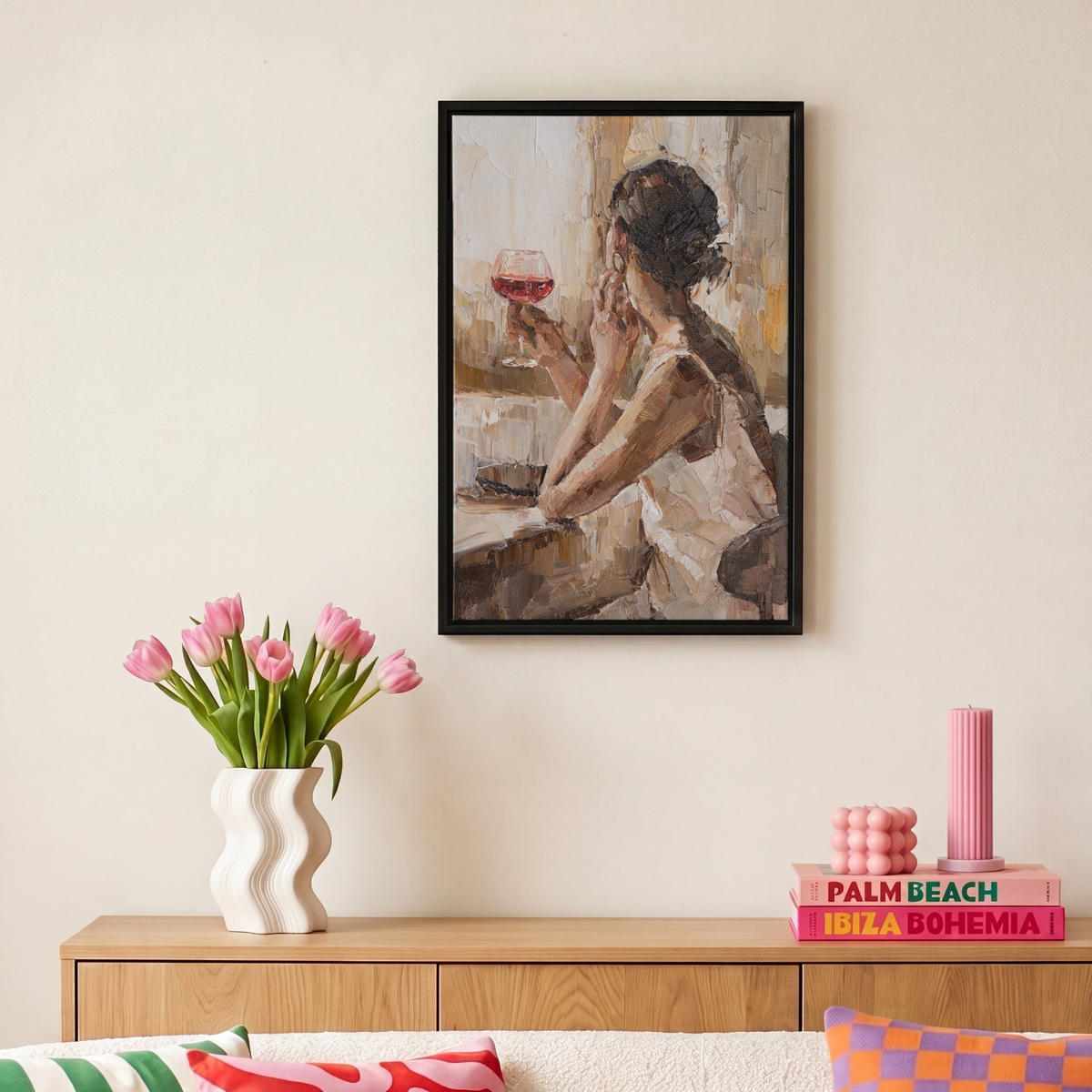 LEINWAND Bilder mit Rahmen - Ölgemälde - Frau - Wein - 20x30 - Hellbraun, Textil (20/30cm) - MuchoWow