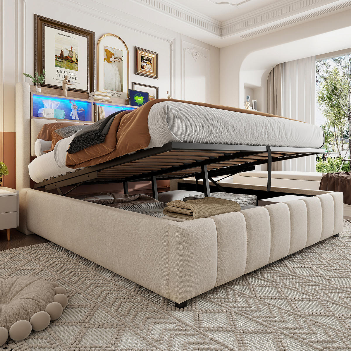 POLSTERBETT 180/200 cm Beige mit LED-Beleuchtung und USB-Anschlüssen aus Leinenstoff - Beige, Textil (180/200cm) - OKWISH