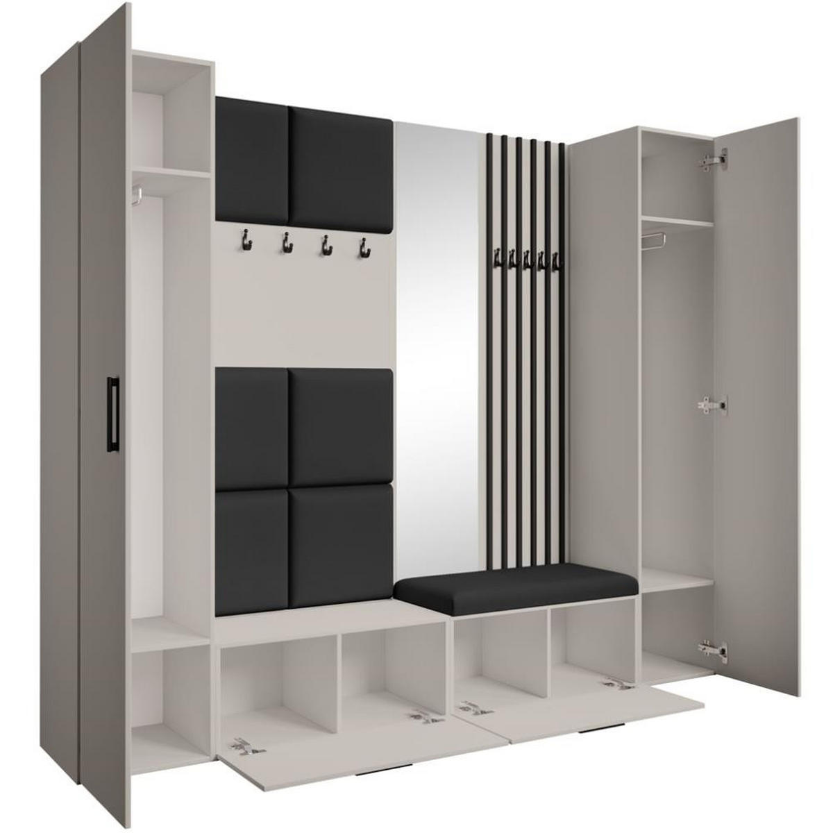 GARDEROBE Margaret XL 242/203/43 mit gepolsterten Paneelen/Lamellen/Spiegel - Kaschmir/Schwarz, Holzwerkstoff/Kunststoff (242/203/43cm) - Beautysofa