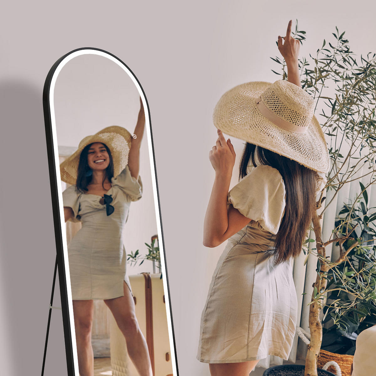 STANDSPIEGEL mit Beleuchtung und Rahmen Schwarz 160/60 cm - Schwarz, Glas/Metall (60/160/160cm) - EMKE