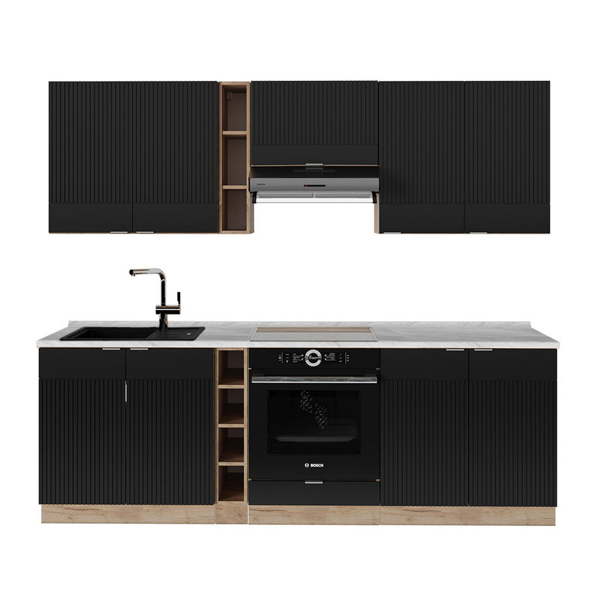 KÜCHENZEILE Fame-Line, Schwarz gestreift/Goldkraft Eiche, 235 cm, AP Marmor - Honigeiche/Schwarz, Holzwerkstoff (235/81.6/60cm) - Vicco