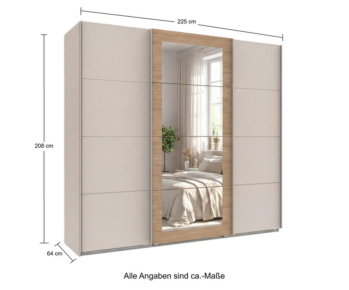 SCHWEBETÜRENSCHRANK 3-türig B225/H208/64 cm Kleiderschrank in Beige Grau, Spiegel umrahmt in Eiche Natur, Griffe Beige Grau / 22625 - Beige, Holzwerkstoff/Metall (225/208/64cm) - luma-home