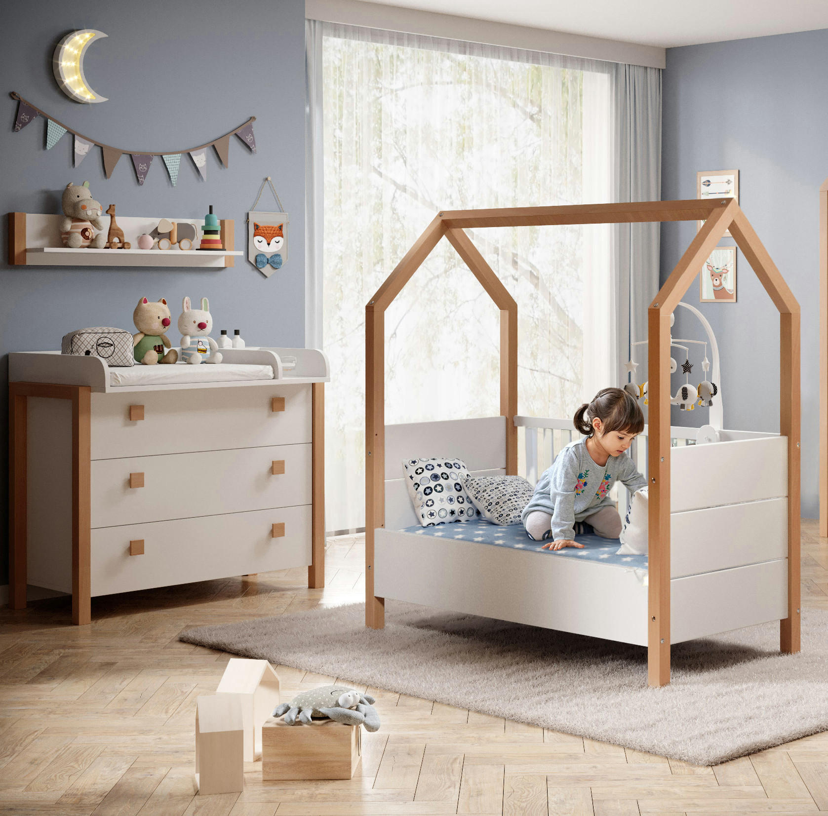 BABYZIMMER Beach in Kiefer Weiß teilmassiv mit Absetzungen Birke massiv 6 teilig - Kinderzimmer Komplett Set - Weiß, Holzwerkstoff (80/200/120cm)