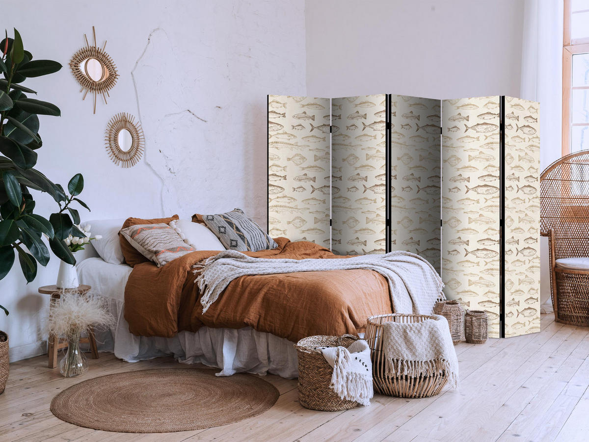 PARAVENT Beidseitig Bedruckter 5-tlg 225x172 cm Fische Boho - Braun, Holz/Textil (225/172/3cm) - Muralo