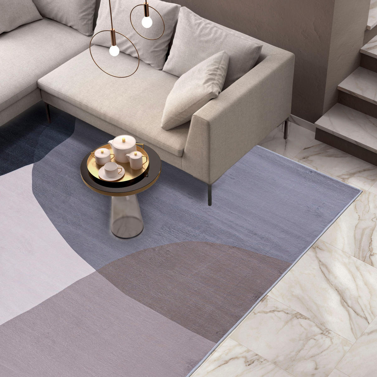 TEPPICH Beige Modern Geometrisch - Kurzflor Rechteckig, Modern, Stilvoll - Grau - 80 x 150 cm - Flieder/Creme, Textil (80/150cm) - Mazovia